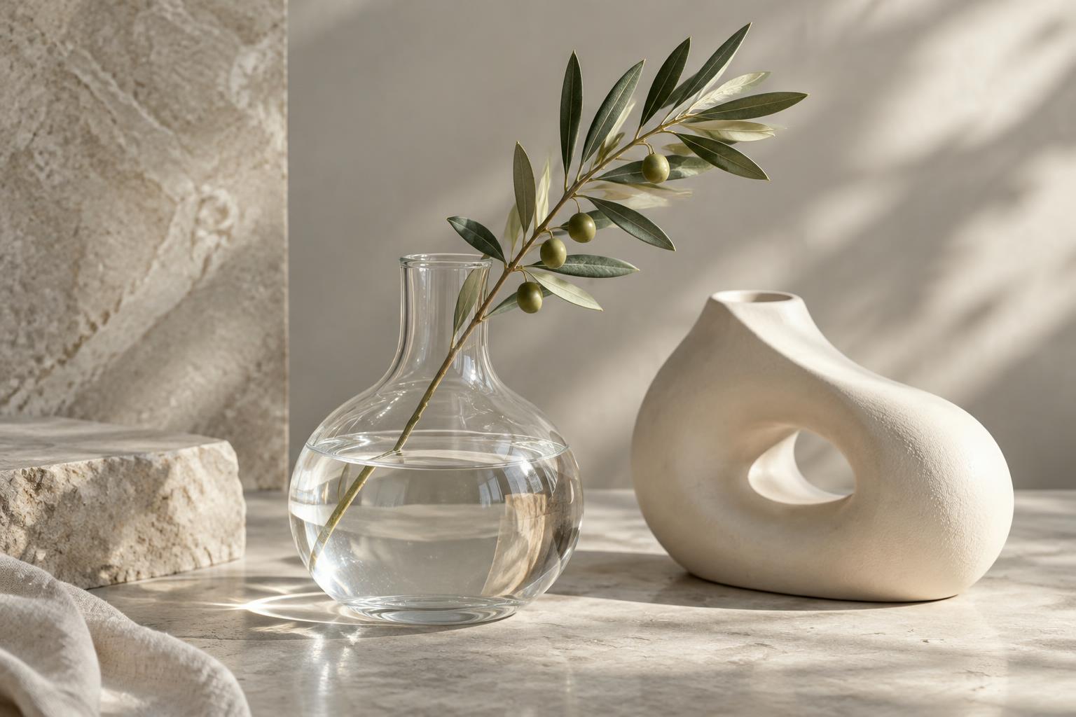 Editorial wellness still life with warm light and sculptural details